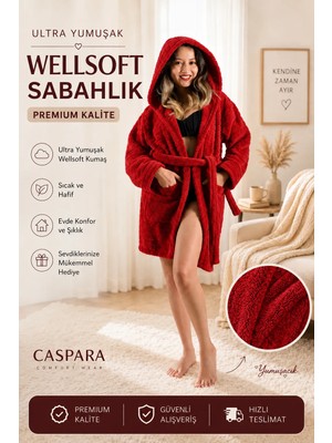 Caspara Wellsoft Premium Kapüşonlu Şapkalı Kadın Bornoz / Sabahlık - Ultra Soft , Sıcak ve Yumuşak