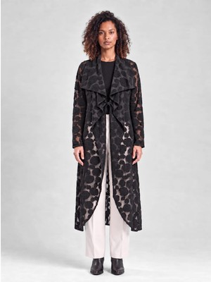 Bold & Young Kadın Gül Desenli Beli Içten Ipli Yün Karışımlı Uzun Cardigan Siyah Ceket