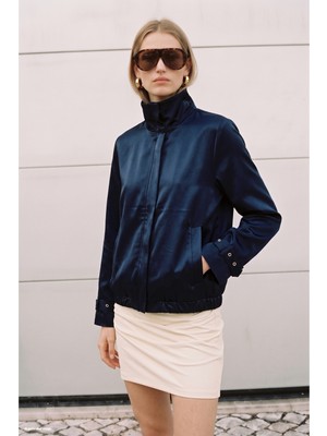 Sateen Saten Bomber Ceket - Lacivert