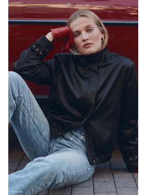 Sateen Saten Bomber Ceket - Siyah