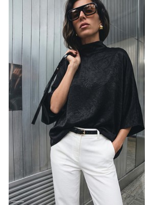 Sateen Yarasa Kol Bluz - Siyah
