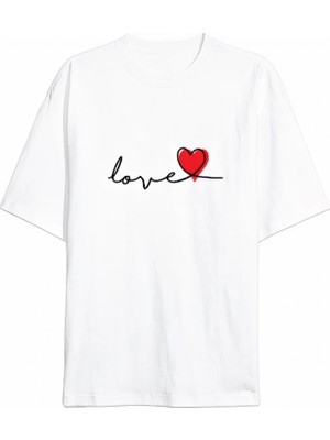 Pileli Store 14 Şubat Tişört Sevgililer Günü Için Özel Tasarım Love Baskılı T-Shirt - Beyaz