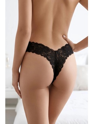 Hobilinka Siyah Çiçek Desenli Dantel String Külot TM1514