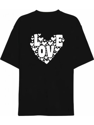 Pileli Store 14 Şubat Sevgililer Günü Love Kalp Baskılı Oversize Bisiklet Yaka T-Shirt - Siyah