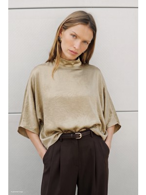 Sateen Yarasa Kol Bluz - Bej