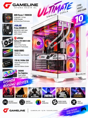 Gameline Ultimate /Ryzen 7 7800X3D /MSİ RTX 5060 Ti 8gb /16GB 5200MHZ DDR5 Ram /Asus Prime B650M-R /1tb M.2 Nvme SSD /360MM Sıvı Soğutmalı 10X Argb Fan Oyuncu Bilgisayarı