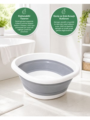 Evonita Katlanabilir Çamaşır Leğeni Çok Amaçlı Silikon Katlanır Leğen Yer Tasarruflu Banyo Temizlik Leğeni