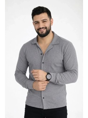 Aymora Erkek Waffle Kumaş Uzun Kollu Düğmeli Açık Yaka Regular Fit Gömlek - Füme