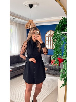 Aymora Kadın Uzun Kollu Yakalı Düğmeli Mini Ithal Krep Elbise