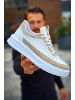 Zerenyus ZRK-X006 Premium Yüksek Taban Beyaz Bej Bağcıklı Erkek Sneaker