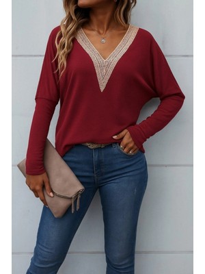 Pileli Store Kadın Uzun Kollu V Yakalı Yarasa Kollu Viskon Bluz