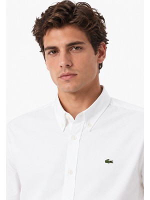Lacoste Mens Slim Fit White Cotton Shirt Dar Kesim Pamuklu Erkek Gömlek Beyaz