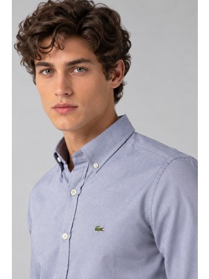 Lacoste Mens Slim Fit Gray Cotton Shirt Dar Kesim Pamuklu Erkek Gömlek Gri