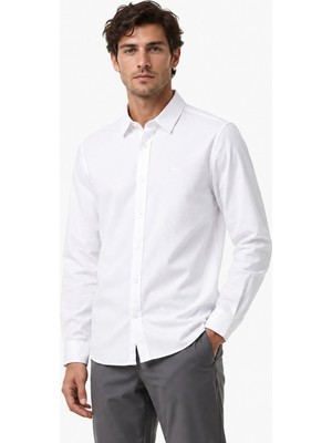 Lacoste Mens Slim Fit White Cotton Shirt Dar Kesim Pamuklu Erkek Gömlek Beyaz