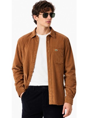 Lacoste Men's Regular Fit Button-Down Cotton Shirt Erkek Düğmeli Yaka Pamuklu Kadife Gömlek Sütlü Kahverengi