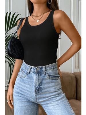 Sofya Passion Siyah Fitilli Basic Atlet Kadın U Yaka Kolsuz Slim Fit Günlük Bluz