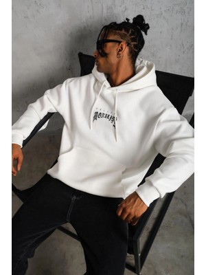 Pileli Store Erkek Baskılı Kapüşonlu ve Kanguru Cepli Sweatshirt Hoodie - Beyaz