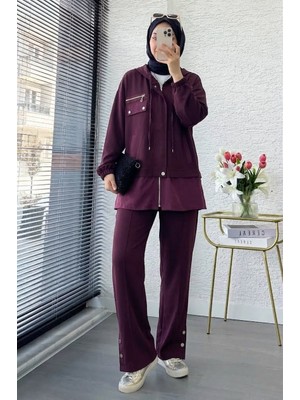 Miraydin Butik Kadın Cep Aksesuarlı ve Fermuar Detaylı Pantolonlu Takım - Mürdüm