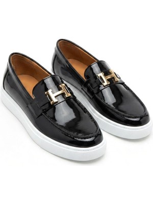 Zerenyus ZRK-X027 Premium Siyah Beyaz Rugan H Tokalı Bağcıksız Erkek Loafer