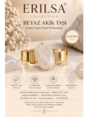 Erilsa Sertifikalı Beyaz Akik Taşı Doğal Taş Yüzük Gold Kaplama Bakır Kasa Ayarlanabilir