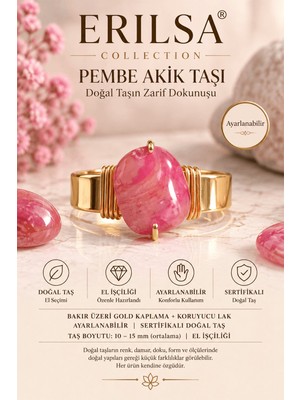 Erilsa Sertifikalı Pembe Akik Taşı Doğal Taş Yüzük Gold Kaplama Bakır Kasa Ayarlanabilir
