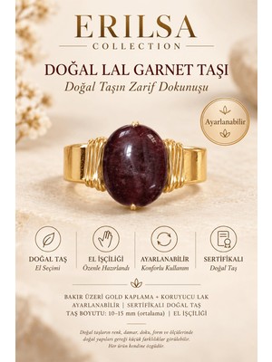 Erilsa Sertifikalı Lal Garnet Taşı Doğal Taş Yüzük Gold Kaplama Bakır Kasa Ayarlanabilir