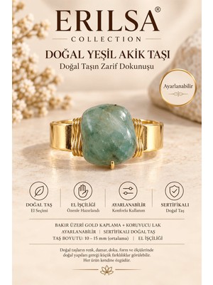 Erilsa Sertifikalı Yeşil Akik Taşı Doğal Taş Yüzük Gold Kaplama Bakır Kasa Ayarlanabilir