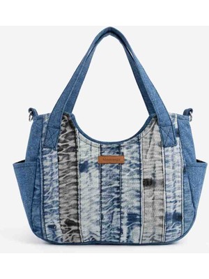 Mavicenza El Yapımı Denim Kot Omuz Çantası Yan Cepli Parçalı Desenli Kol Çantası