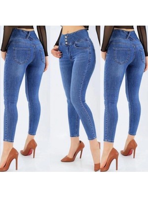 Pileli Store Yüksel Bel Likralı Kot Pantolon (Mavi)