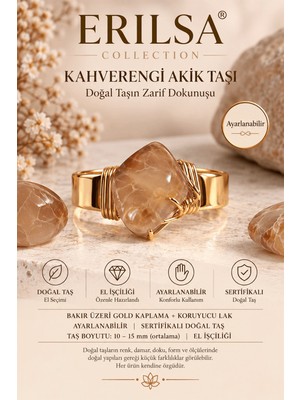 Erilsa Sertifikalı Kahverengi Akik Taşı Doğal Taş Yüzük Gold Kaplama Bakır Kasa Ayarlanabilir