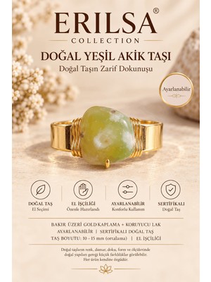 Erilsa Sertifikalı Yeşil Akik Taşı Doğal Taş Yüzük Bakır Kasa Gold Kaplama Ayarlanabilir