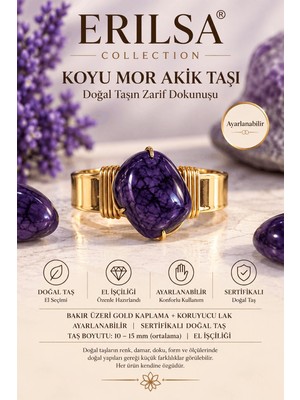Erilsa Sertifikalı Koyu Mor Akik Taşı Doğal Taş Yüzük Gold Kaplama Bakır Kasa Ayarlanabilir
