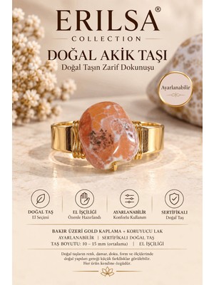 Erilsa Sertifikalı Doğal Akik Taşı Yüzük Gold Kaplama Bakır Kasa Ayarlanabilir El Işçiliği