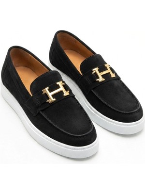 Zerenyus ZRK-X027 Premium Siyah Beyaz Süet H Tokalı Bağcıksız Erkek Loafer