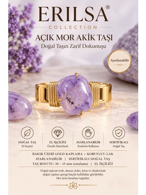 Erilsa Sertifikalı Açık Mor Akik Taşı Doğal Taş Yüzük Gold Kaplama Bakır Kasa Ayarlanabilir