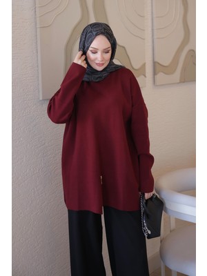 İmaj Butik Bordo Corsman Fermuar Detaylı Salaş Triko Tunik