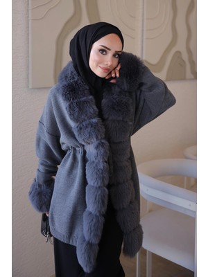 İmaj Butik Füme Bel Bağlamalı Kürk Detaylı Triko Hırka