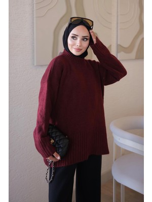 İmaj Butik Bordo Bisiklet Yaka Oversize Şardon Triko Kazak