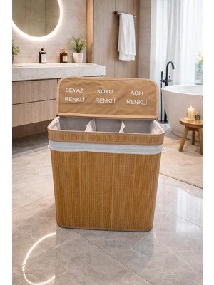 Lüks Bambu 3 Bölmeli Çamaşır Kirli Sepeti 52X32X60CM Büyük Boy 100 Lt (Sarı)