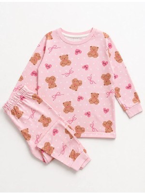 Aliş Kids Kız Çocuk %100 Pamuklu Pembe Ayıcık Desenli Uzun Kollu Pijama Takımı