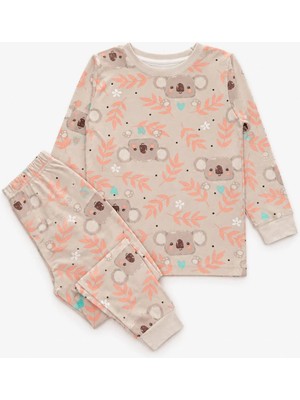 Aliş Kids Kız Çocuk %100 Pamuklu Krem Rengi Koala Desenli Uzun Kollu Pijama Takımı