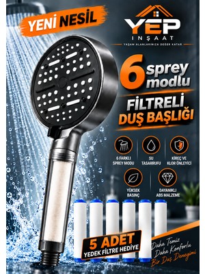 Yep İnşaat Yep Inşaat 6 Fonksiyonlu Filtreli Duş Başlığı + 5 Yedek Filtre – Yüksek Basınçlı, Kireç ve Klor Önleyici, Su Tasarruflu