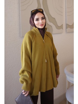 İmaj Butik Yağ Yeşili Rosie Fermuarlı Pike Triko Hırka