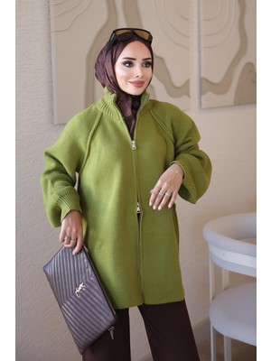 İmaj Butik Yeşil Rosie Fermuarlı Pike Triko Hırka