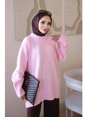 İmaj Butik Pembe Bisiklet Yaka Oversize Şardon Triko Kazak