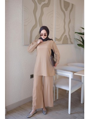 İmaj Butik Koyu Bej Bürümcük Tunik Pantolonlu Takım