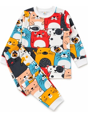 Aliş Kids Erkek Çocuk %100 Pamuklu Renkli Kedi Desenli Uzun Kollu Bisiklet Yaka Pijama Takımı