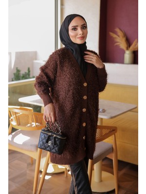 İmaj Butik Kahverengi Düğmeli Simli Triko Hırka
