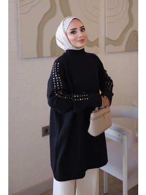 İmaj Butik Siyah Corsman Kol Katlı Omuz Taşlı Triko Tunik