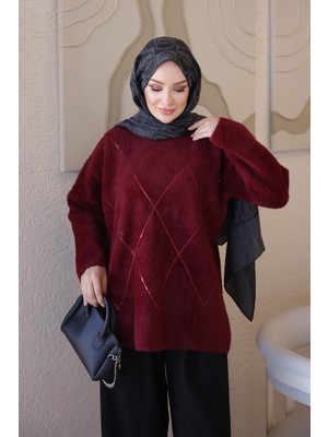 İmaj Butik Bordo Angora Pul Işlemeli Salaş Triko Kazak
